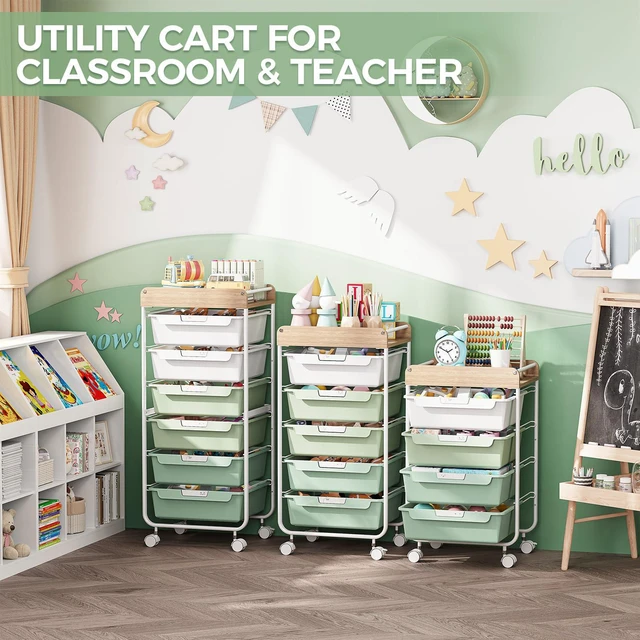 Alt view image 6 of 7 - Rolling Storage Utility Cart with 4 Drawers,Art Cart,Green Kids Craft Cart,Makeup Organizer and Storage with Wooden Tabletop