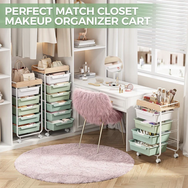 Alt view image 7 of 7 - Rolling Storage Utility Cart with 4 Drawers,Art Cart,Green Kids Craft Cart,Makeup Organizer and Storage with Wooden Tabletop
