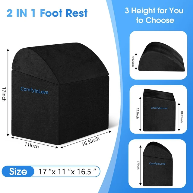 Alt view image 2 of 7 - Foot Rest for Under Desk with 3 Heights, Foot Stool, Black Memory foam adjustable footrest, Ergonomic leg elevation, Non-slip Bottom, Washable Cover, Desk Office Home Car Coach Bed