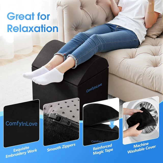 Alt view image 4 of 7 - Foot Rest for Under Desk with 3 Heights, Foot Stool, Black Memory foam adjustable footrest, Ergonomic leg elevation, Non-slip Bottom, Washable Cover, Desk Office Home Car Coach Bed