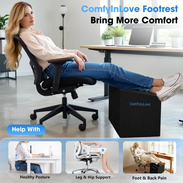 Alt view image 6 of 7 - Foot Rest for Under Desk with 3 Heights, Foot Stool, Black Memory foam adjustable footrest, Ergonomic leg elevation, Non-slip Bottom, Washable Cover, Desk Office Home Car Coach Bed