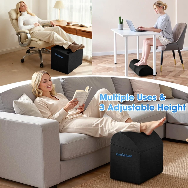 Alt view image 7 of 7 - Foot Rest for Under Desk with 3 Heights, Foot Stool, Black Memory foam adjustable footrest, Ergonomic leg elevation, Non-slip Bottom, Washable Cover, Desk Office Home Car Coach Bed