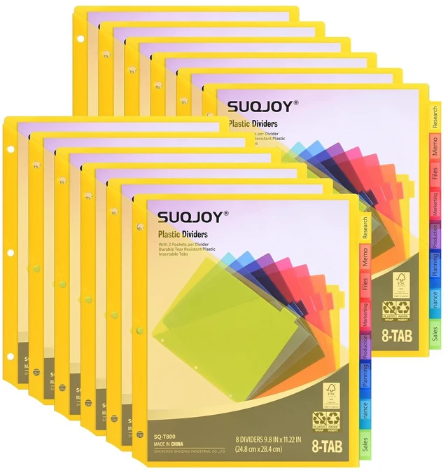 Main image of 8-Tab Dividers for 3 Ring Binder, 96 Count Binder Dividers with Pockets, Subject Dividers, 3-Hole Plastics Sheets Protectors for US Letter Size in 0.5", 1",2" Binders, Vibrant 8 Color, 12 Packs