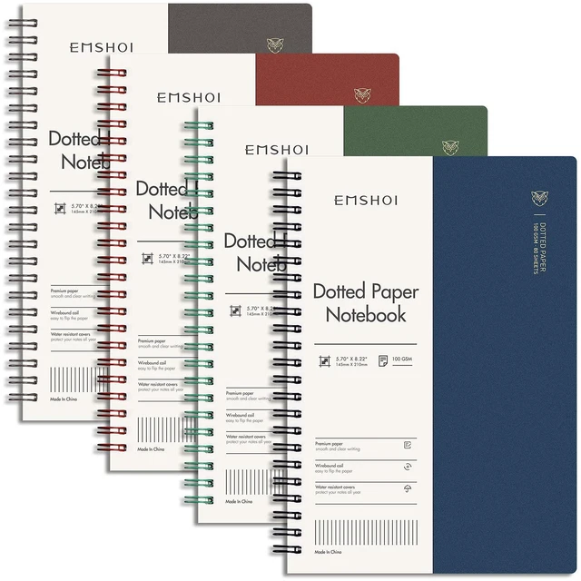 Main image of Dotted Spiral Journal Notebook, 4 Pack, 640 Pages, A5 (5.7" x 8.2") 100 GSM Thick Paper, Flexible Plastic Cover, for Journaling, Planning, Tracking & Sketching (Brown & Red & Green & Blue)