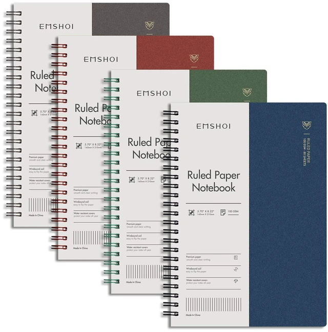 Main image of Lined Spiral Journal Notebook, 4 Pack, 640 Pages, A5 (5.7" x 8.2") College Ruled, 100 GSM Thick Paper, Flexible Plastic Cover, for School, Student, Writing, Journaling, Work, Women & Men