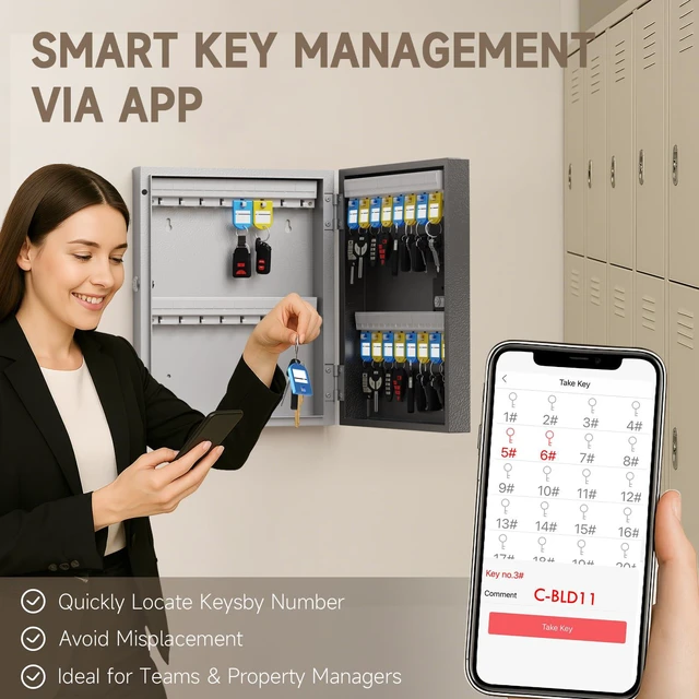Alt view image 6 of 7 - 32 Key Lock Box Smart Key Organier Cabinet with Keypad & App for Office Wall Mounted Lockbox use App, Custom & One Time Password, WiFi (Need W100 Bridge) Unlock for School, Office, Fleet, Hotel
