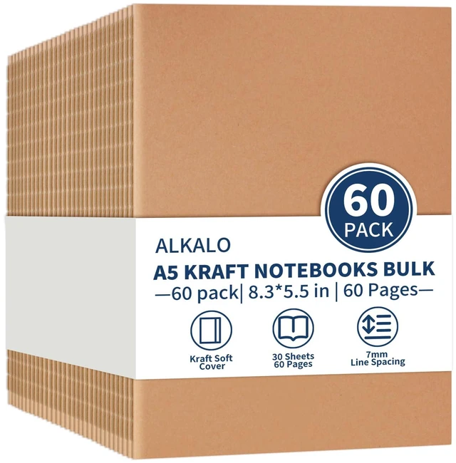 Main image of 60 Pack A5 Lined Kraft Notebooks Bulk, 8.3x5.5 Inches, Journaling Notebooks A5 College Ruled Notebook, Soft Cover Composition Notebook, 30Sheets/60 Pages, Travel Journal Notebooks Set for Work, School