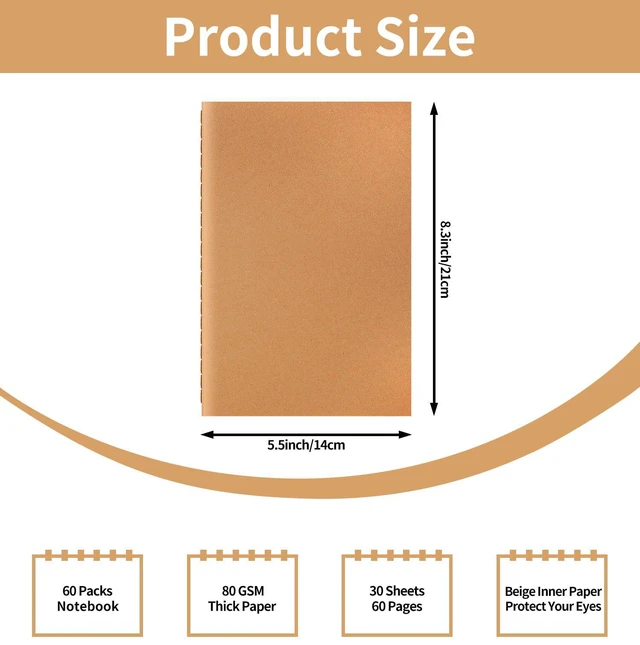 Alt view image 3 of 7 - 60 Pack A5 Lined Kraft Notebooks Bulk, 8.3x5.5 Inches, Journaling Notebooks A5 College Ruled Notebook, Soft Cover Composition Notebook, 30Sheets/60 Pages, Travel Journal Notebooks Set for Work, School