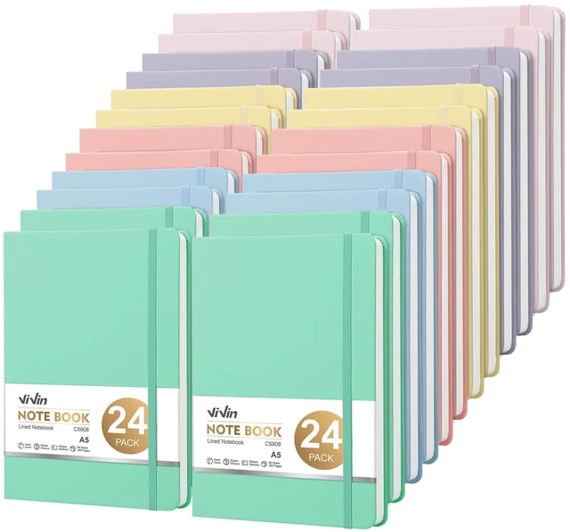 Main image of 24 Pack A5 Hardcover Lined Notebook,192 pg College Ruled 5.5x8.3 Bulk notebooks for work,office & professional use,Waterproof faux leather,lay-flat elastic closure