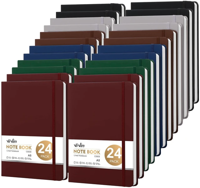 Main image of 24 Pack A5 Hardcover Lined Notebook,192 pg College Ruled 5.5x8.3 Bulk notebooks for work,office & professional use,Waterproof faux leather,lay-flat elastic closure