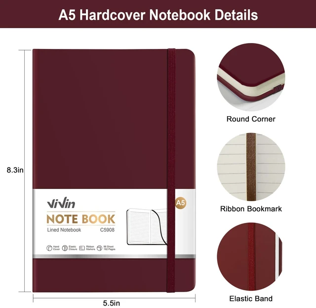 Alt view image 2 of 7 - 24 Pack A5 Hardcover Lined Notebook,192 pg College Ruled 5.5x8.3 Bulk notebooks for work,office & professional use,Waterproof faux leather,lay-flat elastic closure