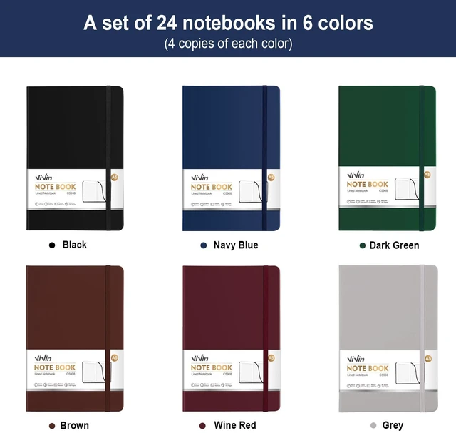 Alt view image 3 of 7 - 24 Pack A5 Hardcover Lined Notebook,192 pg College Ruled 5.5x8.3 Bulk notebooks for work,office & professional use,Waterproof faux leather,lay-flat elastic closure