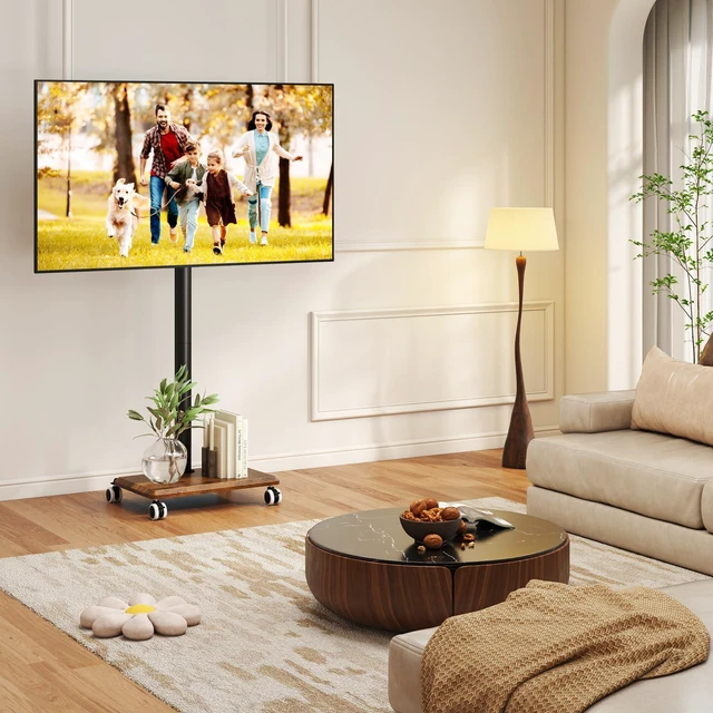 Alt view image 2 of 7 - Rolling TV Stand for 32 to 60 Inch TV up to 88lbs Wood Base Brown Height Adjustable Mobile TV Cart with Lockable Wheels, Portable Floor TV Stand for Living Room, Bedroom, VESA 400x400mm