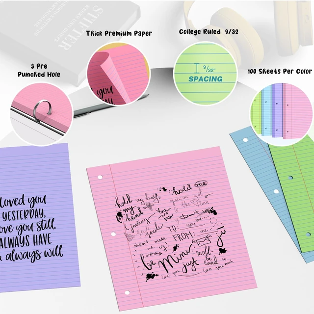 Alt view image 4 of 7 - 400 Sheets Pastel Colored Filler Paper Set, College Ruled, 8" x 10.5" Three-Hole Punched, Compatible with 3-Ring Binders, Includes Pink, Purple, Blue, Green