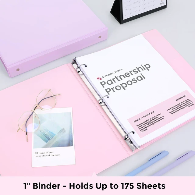 Alt view image 3 of 7 - 3 Ring Binder 2 Pack, 1 Inch Clear View Binders with 2 Interior PocketsFit 8.5x11 Inches, Round Ring Binder for Office & School Supplies Organize, Pink and Purple