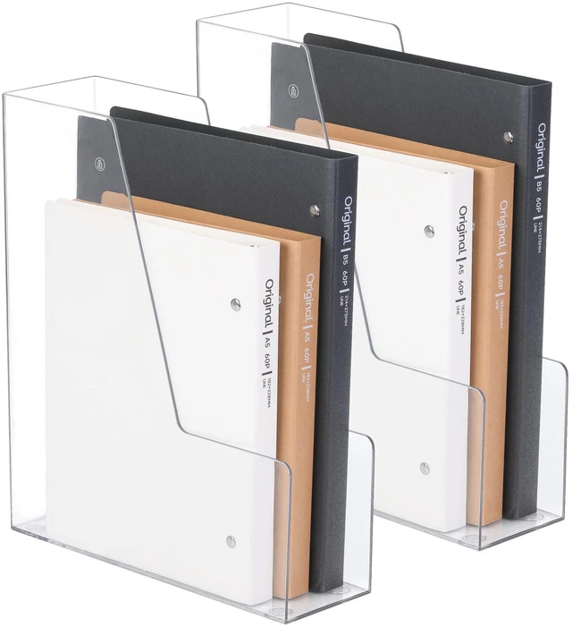 Main image of Vertical File Holder, PET Desk Organizer, Multi-purpose Plastic Document Storage Bins for Magazines, Binders, Notebooks, Envelopes, 2 Pack