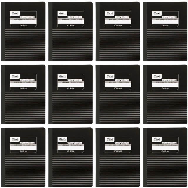 Main image of Composition Books, Notebooks, Wide Ruled Paper, 100 Sheets, Comp Book, Black, 12 Pack (38603)