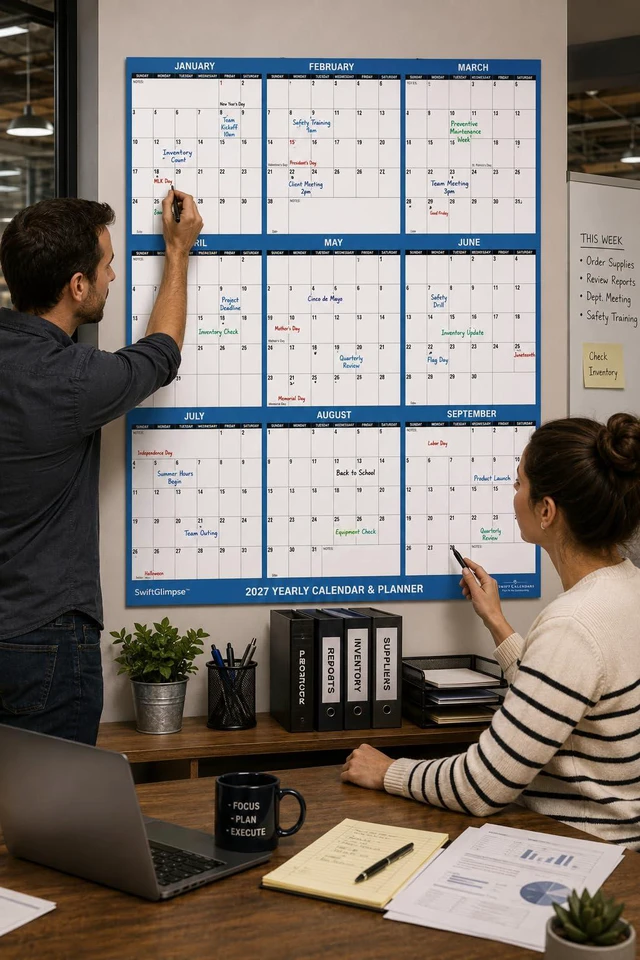 Alt view image 7 of 7 - 24" x 36" SwiftGlimpse 2027 Wall Calendar Erasable Large Wet & Dry Erase Laminated 12 Month Annual Yearly Wall Planner, Reversible, Horizontal/Vertical, Dark Blue