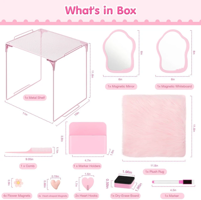 Alt view image 2 of 7 - 18PCS Locker Accessories for Girls, Lockers Decor for School, Pink Includes a metal mesh shelf, whiteboard, magnetic mirror, comb, arker holders, plush rug and magnets for locker organizer