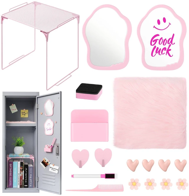 Main image of 18PCS Locker Accessories for Girls, Lockers Decor for School, Pink Includes a metal mesh shelf, whiteboard, magnetic mirror, comb, arker holders, plush rug and magnets for locker organizer
