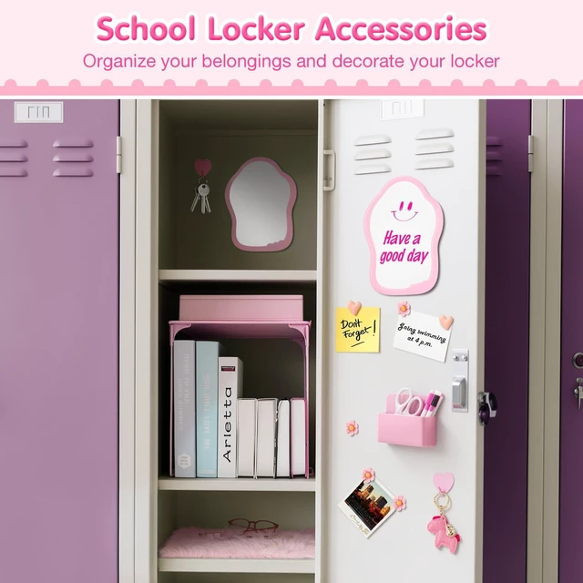 Alt view image 3 of 7 - 18PCS Locker Accessories for Girls, Lockers Decor for School, Pink Includes a metal mesh shelf, whiteboard, magnetic mirror, comb, arker holders, plush rug and magnets for locker organizer