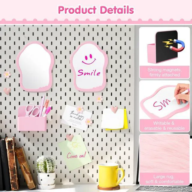 Alt view image 5 of 7 - 18PCS Locker Accessories for Girls, Lockers Decor for School, Pink Includes a metal mesh shelf, whiteboard, magnetic mirror, comb, arker holders, plush rug and magnets for locker organizer
