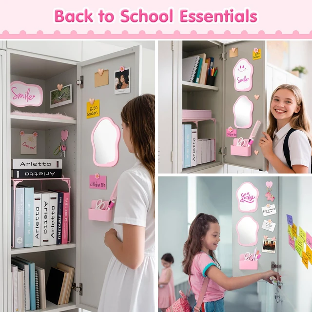 Alt view image 6 of 7 - 18PCS Locker Accessories for Girls, Lockers Decor for School, Pink Includes a metal mesh shelf, whiteboard, magnetic mirror, comb, arker holders, plush rug and magnets for locker organizer