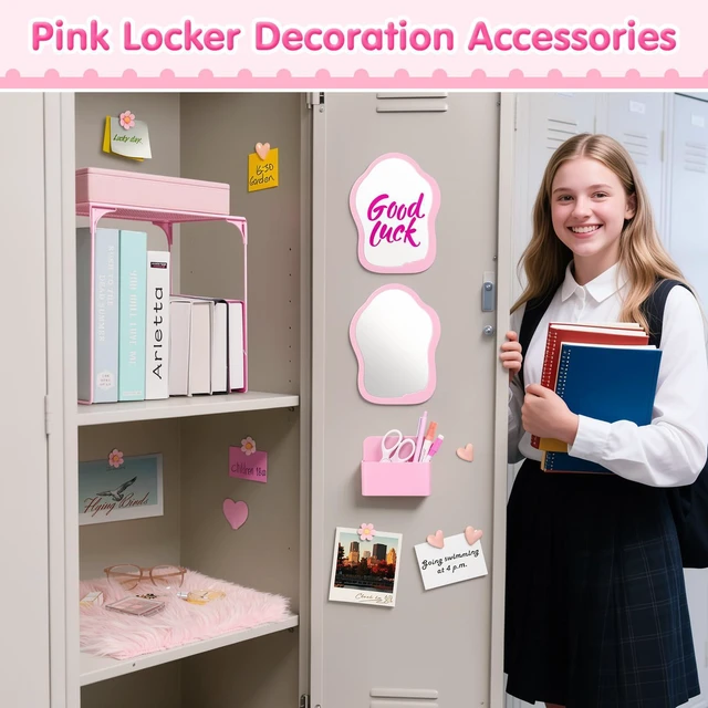 Alt view image 7 of 7 - 18PCS Locker Accessories for Girls, Lockers Decor for School, Pink Includes a metal mesh shelf, whiteboard, magnetic mirror, comb, arker holders, plush rug and magnets for locker organizer