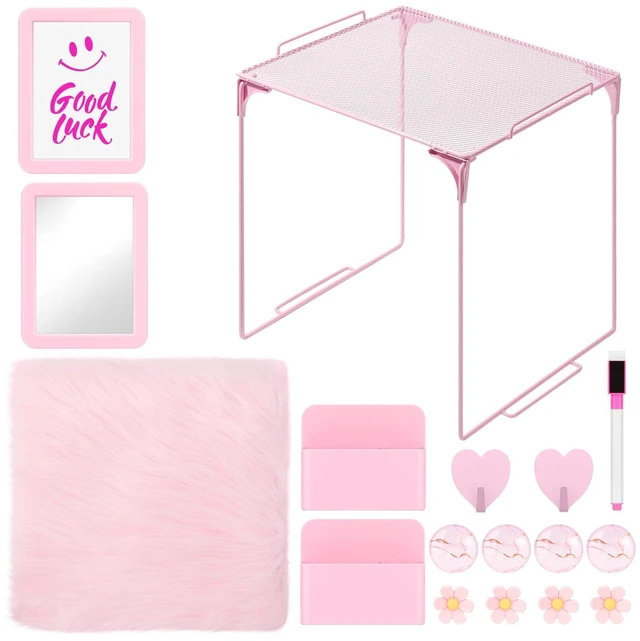 Main image of 17PCS Locker Accessories for Girls, Lockers Decor for School, Pink Includes a metal mesh shelf, whiteboard, magnetic mirror, marker holders, plush rug and magnets for locker organizer