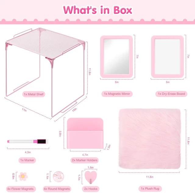Alt view image 2 of 7 - 17PCS Locker Accessories for Girls, Lockers Decor for School, Pink Includes a metal mesh shelf, whiteboard, magnetic mirror, marker holders, plush rug and magnets for locker organizer