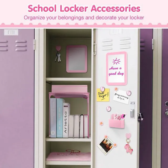 Alt view image 3 of 7 - 17PCS Locker Accessories for Girls, Lockers Decor for School, Pink Includes a metal mesh shelf, whiteboard, magnetic mirror, marker holders, plush rug and magnets for locker organizer