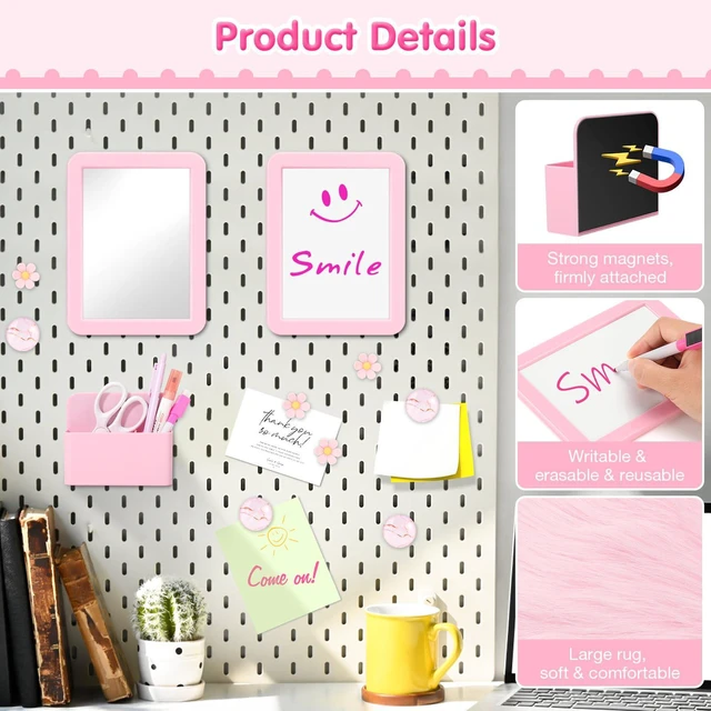 Alt view image 5 of 7 - 17PCS Locker Accessories for Girls, Lockers Decor for School, Pink Includes a metal mesh shelf, whiteboard, magnetic mirror, marker holders, plush rug and magnets for locker organizer