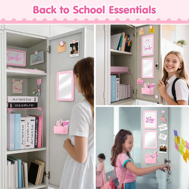 Alt view image 6 of 7 - 17PCS Locker Accessories for Girls, Lockers Decor for School, Pink Includes a metal mesh shelf, whiteboard, magnetic mirror, marker holders, plush rug and magnets for locker organizer