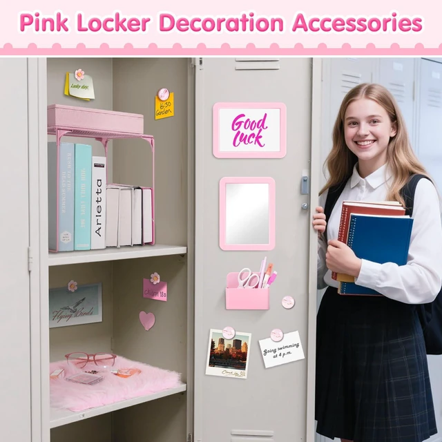 Alt view image 7 of 7 - 17PCS Locker Accessories for Girls, Lockers Decor for School, Pink Includes a metal mesh shelf, whiteboard, magnetic mirror, marker holders, plush rug and magnets for locker organizer