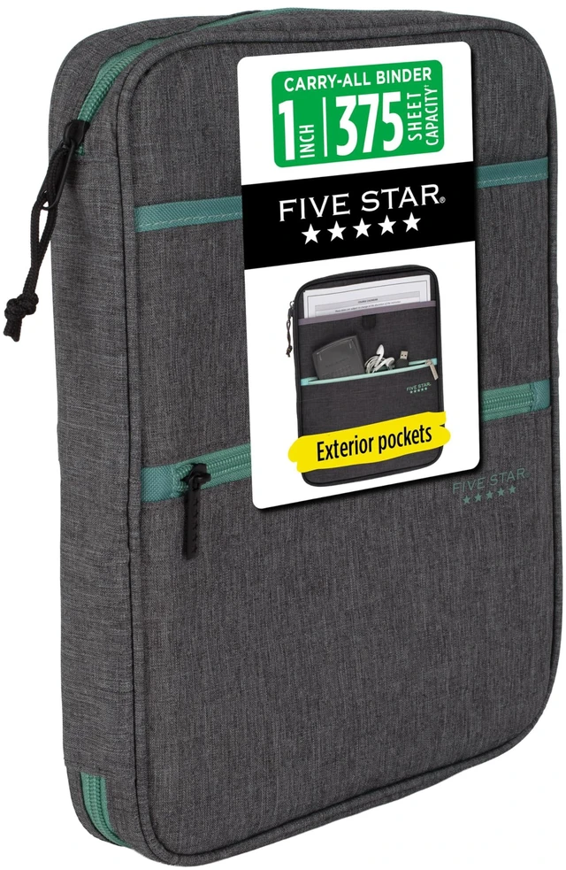 Main image of Zipper Binder, 1 Inch 3-Ring Binder with Round Rings, Carry-All with Pockets and 4-Tab Dividers, 375 Sheet Capacity, Grey/Seaglass (290920B)