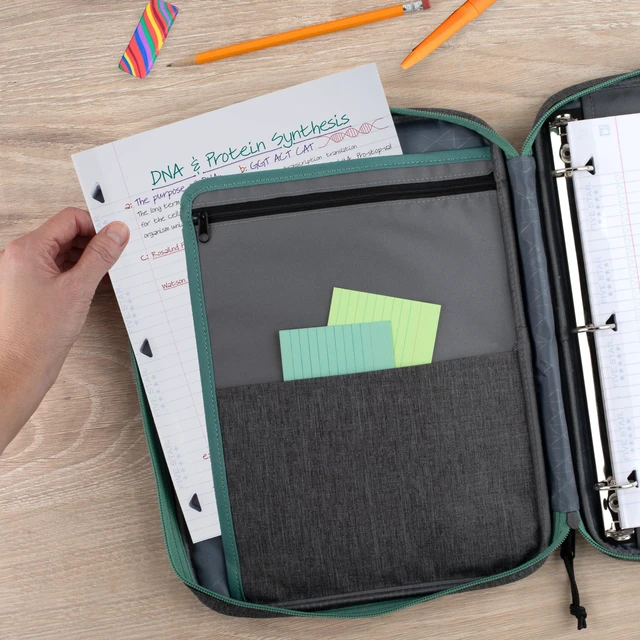 Alt view image 3 of 7 - Zipper Binder, 1 Inch 3-Ring Binder with Round Rings, Carry-All with Pockets and 4-Tab Dividers, 375 Sheet Capacity, Grey/Seaglass (290920B)