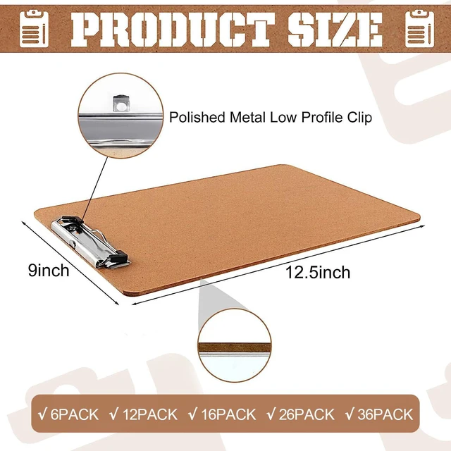 Alt view image 2 of 7 - 12 Pack Hardboard Clipboards, Low Profile Clip, A4 Letter Size Wood Clipboards, 12.5 x 9 Inch Clip Boards, Fit 8.5x11 Letter Size Paper, Office, Classroom Supplies, Brown, ECO Friendly