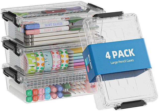 Main image of 4 Pack Extra Large Pencil Box, Plastic Pencil Case Organizer, Clear Crayon Box Marker Organizer, Stackable Craft Organizers and Storage for Pen, Craft, Art Supply(Black)