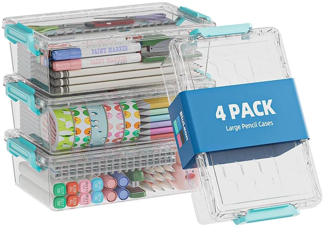 Main image of 4 Pack Extra Large Pencil Box, Plastic Pencil Case Organizer, Clear Crayon Box Marker Organizer, Stackable Craft Organizers and Storage for Pen, Craft, Art Supply(Green)