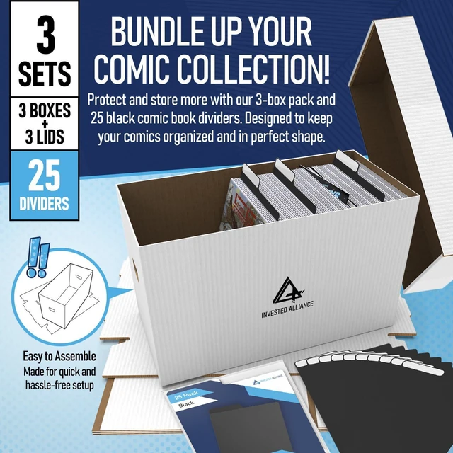 Alt view image 2 of 7 - Bundle Set Premium Short Comic Book Storage Box Organizer with Lid | Thick Cardboard Comic Storage Box For Collectibles Fits 150-175 Current/Silver Age, Heavy Duty & Stackable