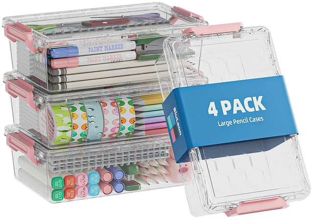 Main image of 4 Pack Extra Large Pencil Box, Plastic Pencil Case Organizer, Clear Crayon Box Marker Organizer, Stackable Craft Organizers and Storage for Pen, Craft, Art Supply(Pink)