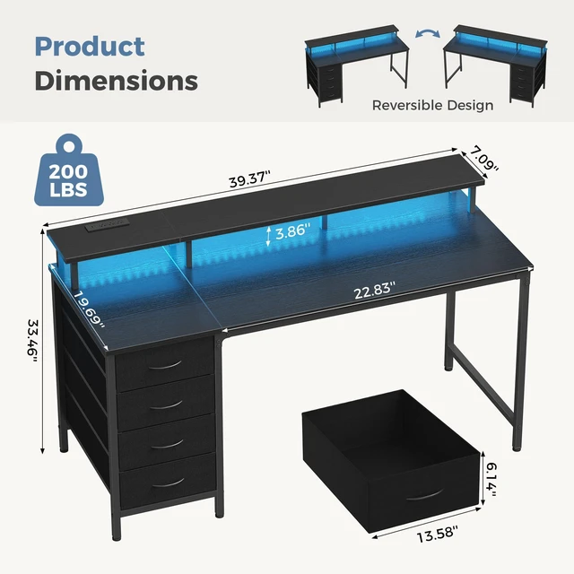 Alt view image 3 of 7 - 40-Inch Gaming Computer Desk with Drawers for Home Office, Black Small Desk with Monitor Stand for Bedroom Study and Writing, PC Desk with Power Outlets and LED Lights