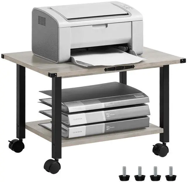 Main image of Under Desk Printer Stand, 2-Tier Industrial Rolling Printer Table Oak Small Mobile Printer Cart Desk for Home Office, Lockable Wheels, Open Storage Shelf, Metal frame