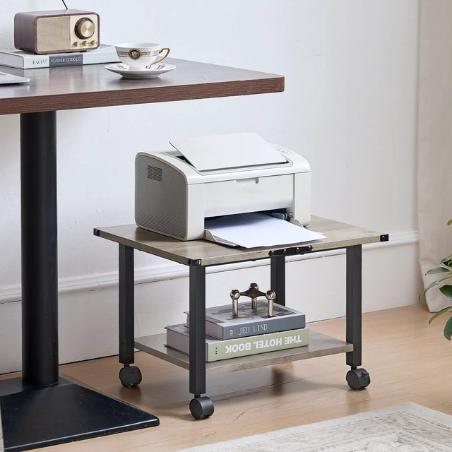 Alt view image 3 of 6 - Under Desk Printer Stand, 2-Tier Industrial Rolling Printer Table Oak Small Mobile Printer Cart Desk for Home Office, Lockable Wheels, Open Storage Shelf, Metal frame