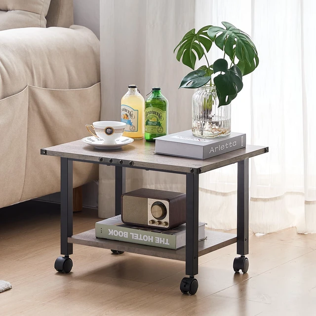 Alt view image 4 of 6 - Under Desk Printer Stand, 2-Tier Industrial Rolling Printer Table Oak Small Mobile Printer Cart Desk for Home Office, Lockable Wheels, Open Storage Shelf, Metal frame