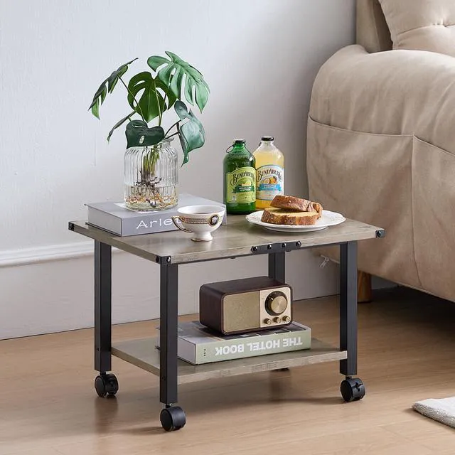 Alt view image 5 of 6 - Under Desk Printer Stand, 2-Tier Industrial Rolling Printer Table Oak Small Mobile Printer Cart Desk for Home Office, Lockable Wheels, Open Storage Shelf, Metal frame
