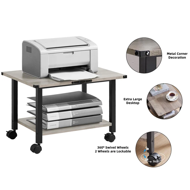 Alt view image 6 of 6 - Under Desk Printer Stand, 2-Tier Industrial Rolling Printer Table Oak Small Mobile Printer Cart Desk for Home Office, Lockable Wheels, Open Storage Shelf, Metal frame