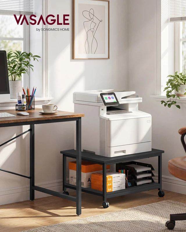 Alt view image 2 of 7 - 2-Tier Printer Stand with Locking Wheels, Under Desk Printer Table Industrial Mobile Cart, 23.6 x 19.7 x 13.5 Inches, Storage Shelf, for Home Office, Ebony Black, UOPS008BE01S