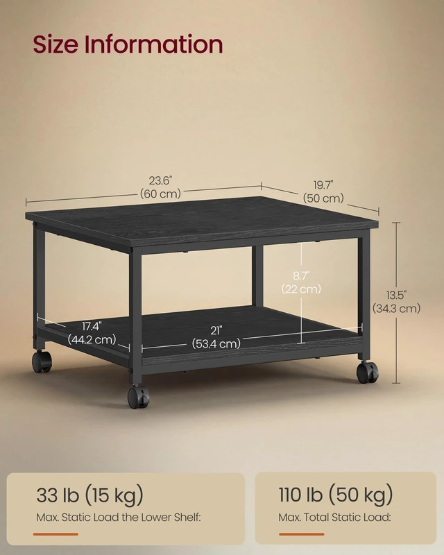 Alt view image 3 of 7 - 2-Tier Printer Stand with Locking Wheels, Under Desk Printer Table Industrial Mobile Cart, 23.6 x 19.7 x 13.5 Inches, Storage Shelf, for Home Office, Ebony Black, UOPS008BE01S