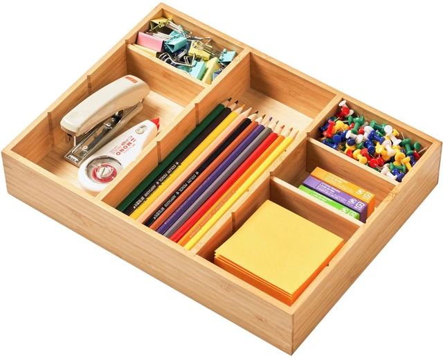 Main image of Bamboo Desk Drawer Organizer, Wood Junk Organizer Tray with Adjustable Dividers, Anti-Skip Storage Organization in Office Bathroom Drawer for Vanity, Makeup, 12" x 9"